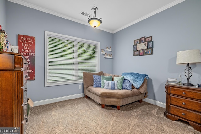 405 Dugas Rd, Dahlonega, GA 30533 - living area with carpet, ornamental molding, and baseboards