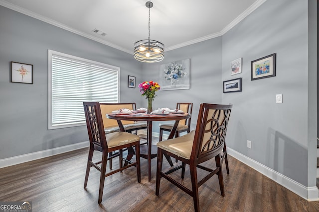 405 Dugas Rd, Dahlonega, GA 30533 - dining area featuring baseboards, crown molding, dark wood-style flooring, and a chandelier