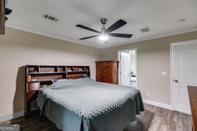 131 Bob White Ln, Newnan, GA 30263 - bedroom featuring dark wood-style floors, ornamental molding, ceiling fan, and ensuite bath
