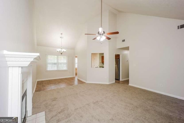4112 Meadowlark Ct, Powder Springs, GA 30127 - unfurnished living room featuring a fireplace with flush hearth, carpet, a ceiling fan, baseboards, and a chandelier
