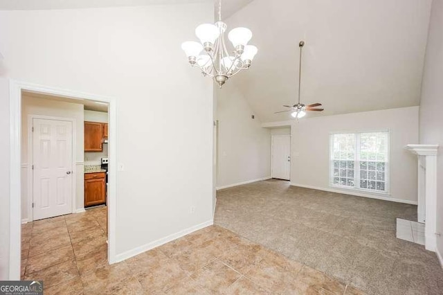4112 Meadowlark Ct, Powder Springs, GA 30127 - unfurnished living room featuring high vaulted ceiling, a chandelier, ceiling fan, light colored carpet, and baseboards