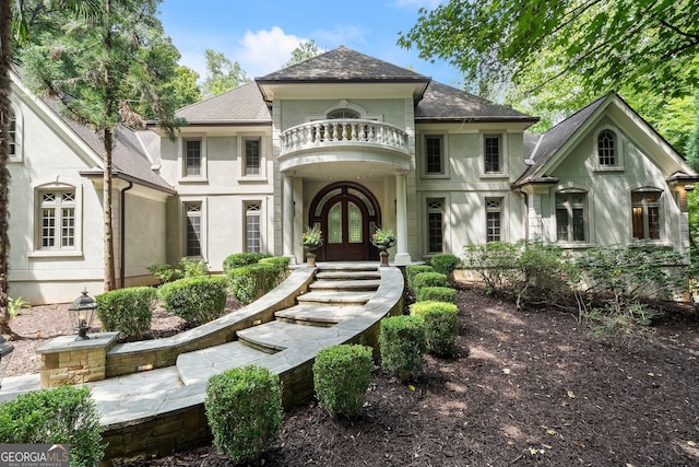 760 River Gate Dr, Atlanta, GA 30350 - rear view of property with french doors, a balcony, stucco siding, and a shingled roof