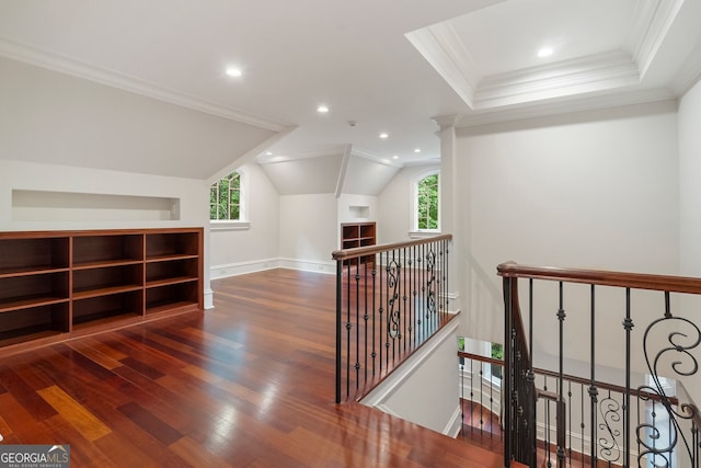 760 River Gate Dr, Atlanta, GA 30350 - corridor featuring an upstairs landing, wood finished floors, ornamental molding, and recessed lighting