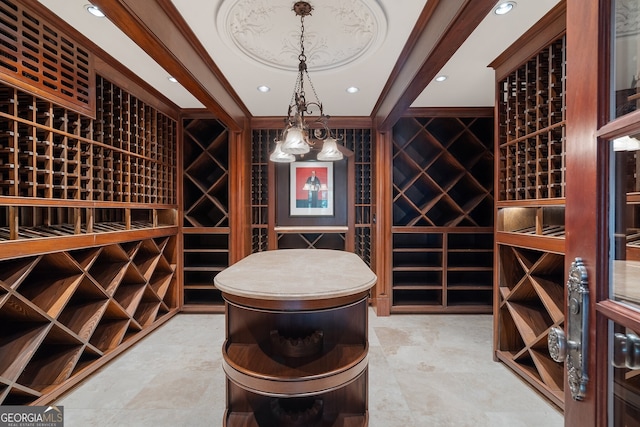 760 River Gate Dr, Atlanta, GA 30350 - wine cellar featuring recessed lighting and ornamental molding