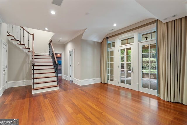 760 River Gate Dr, Atlanta, GA 30350 - entryway with stairs, wood finished floors, french doors, recessed lighting, and crown molding