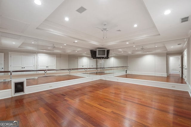 760 River Gate Dr, Atlanta, GA 30350 - spare room with a tray ceiling, a ceiling fan, wood finished floors, ornamental molding, and recessed lighting