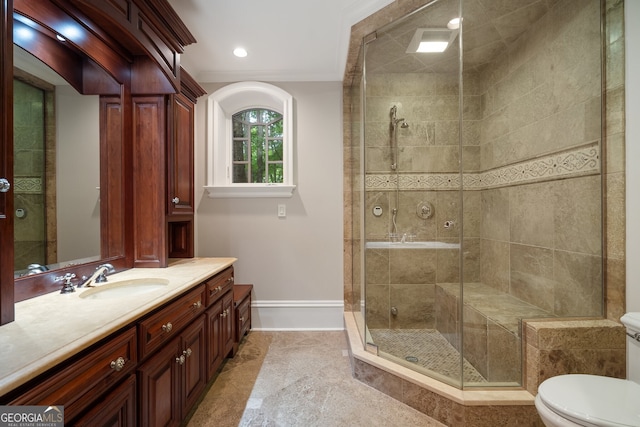 760 River Gate Dr, Atlanta, GA 30350 - bathroom featuring vanity, a shower stall, ornamental molding, and recessed lighting