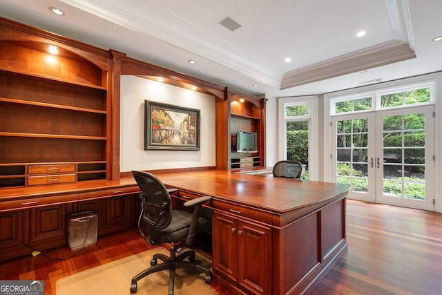 760 River Gate Dr, Atlanta, GA 30350 - office with french doors, dark wood-style floors, ornamental molding, recessed lighting, and a tray ceiling