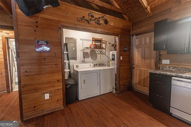 218 Green Acre Ln, Cartersville, GA 30121 - washroom with wood walls, separate washer and dryer, dark wood-style floors, electric panel, and wood ceiling