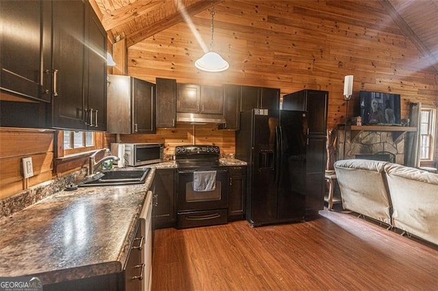 218 Green Acre Ln, Cartersville, GA 30121 - kitchen featuring black appliances, under cabinet range hood, wooden walls, a sink, and wooden ceiling with exposed beams
