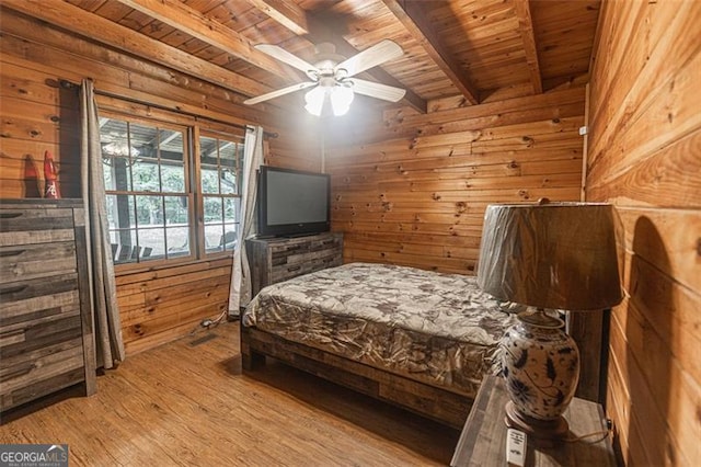 218 Green Acre Ln, Cartersville, GA 30121 - bedroom with wooden ceiling with exposed beams, wooden walls, and wood finished floors