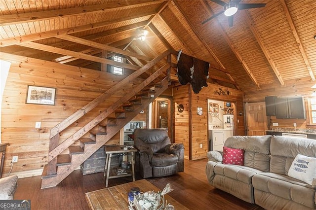 218 Green Acre Ln, Cartersville, GA 30121 - living area with wooden walls, high vaulted ceiling, stairway, washing machine and dryer, and ceiling fan