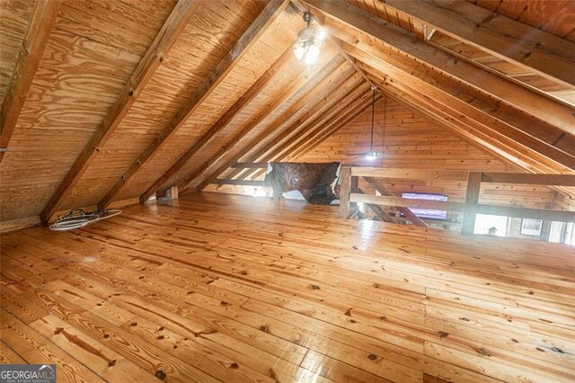 218 Green Acre Ln, Cartersville, GA 30121 - bonus room featuring lofted ceiling, hardwood / wood-style floors, wood walls, and wood ceiling