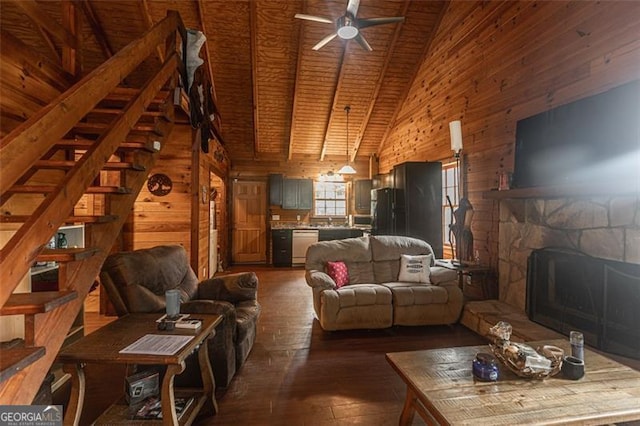 218 Green Acre Ln, Cartersville, GA 30121 - living room with wooden walls, high vaulted ceiling, wood-type flooring, ceiling fan, and a fireplace