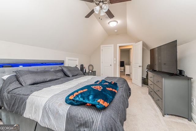 924 Abingdon Cv, Bonaire, GA 31005 - bedroom with light colored carpet, lofted ceiling, and a ceiling fan