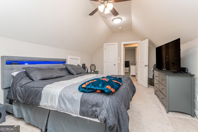 924 Abingdon Cv, Bonaire, GA 31005 - bedroom featuring light colored carpet, lofted ceiling, and a ceiling fan