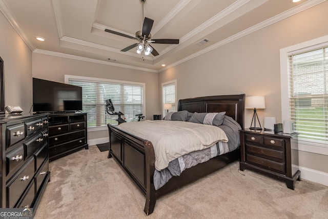 924 Abingdon Cv, Bonaire, GA 31005 - bedroom featuring a raised ceiling, light colored carpet, baseboards, crown molding, and ceiling fan