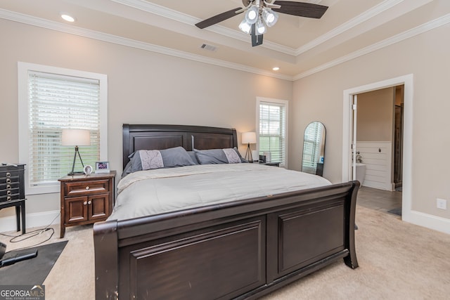 924 Abingdon Cv, Bonaire, GA 31005 - bedroom with light colored carpet, ornamental molding, baseboards, recessed lighting, and a ceiling fan