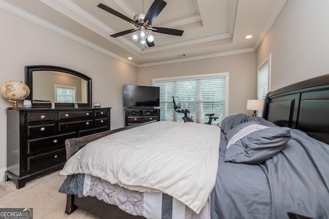 924 Abingdon Cv, Bonaire, GA 31005 - bedroom with a raised ceiling, crown molding, light carpet, and ceiling fan