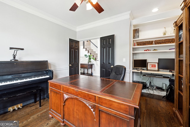 151 Overhill Pt, Alpharetta, GA 30005 - office area featuring ceiling fan, crown molding, and dark wood-type flooring