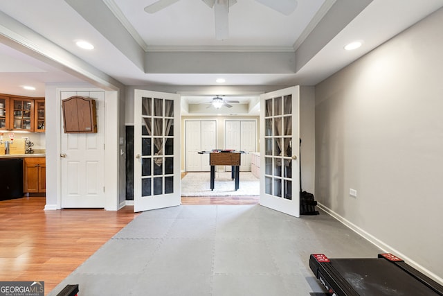 151 Overhill Pt, Alpharetta, GA 30005 - workout area featuring a ceiling fan, french doors, a raised ceiling, ornamental molding, and recessed lighting