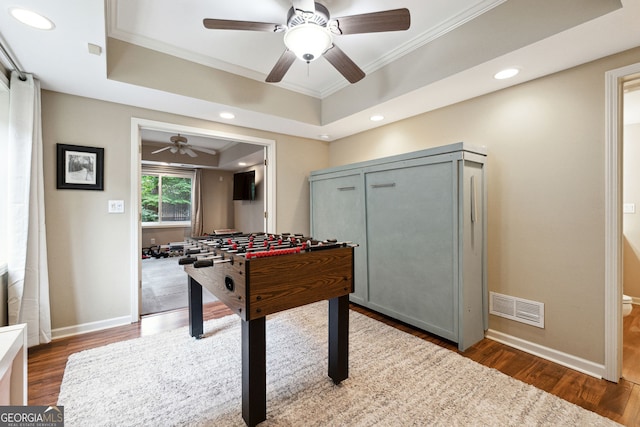 151 Overhill Pt, Alpharetta, GA 30005 - recreation room with ornamental molding, a ceiling fan, wood finished floors, recessed lighting, and baseboards