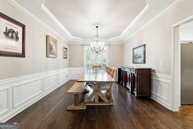151 Overhill Pt, Alpharetta, GA 30005 - dining space featuring a chandelier, a decorative wall, dark wood-type flooring, wainscoting, and a raised ceiling