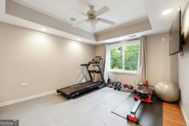 151 Overhill Pt, Alpharetta, GA 30005 - exercise room with ornamental molding, recessed lighting, baseboards, a tray ceiling, and ceiling fan
