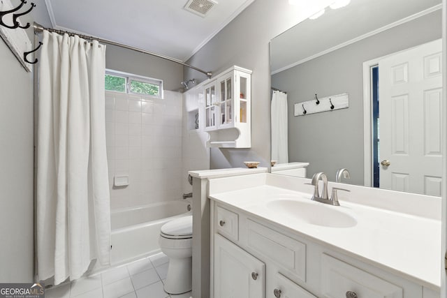 151 Overhill Pt, Alpharetta, GA 30005 - full bath with crown molding, vanity, shower / bath combo, tile patterned floors, and toilet