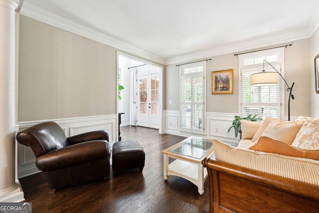 151 Overhill Pt, Alpharetta, GA 30005 - living room featuring ornamental molding, dark wood-style flooring, a wainscoted wall, and a decorative wall