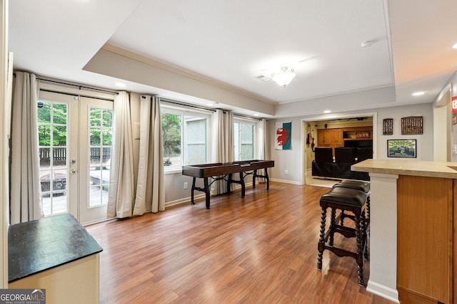 151 Overhill Pt, Alpharetta, GA 30005 - recreation room with a raised ceiling, ornamental molding, light wood-style flooring, recessed lighting, and baseboards