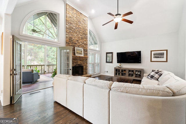 151 Overhill Pt, Alpharetta, GA 30005 - living area featuring high vaulted ceiling, plenty of natural light, dark wood-style floors, ceiling fan, and a fireplace