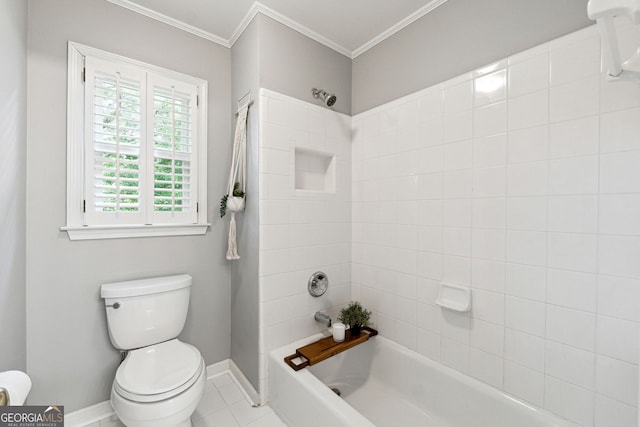 151 Overhill Pt, Alpharetta, GA 30005 - full bath featuring toilet, baseboards, shower / washtub combination, ornamental molding, and tile patterned flooring