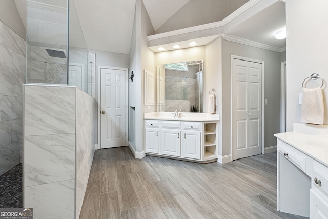151 Overhill Pt, Alpharetta, GA 30005 - full bathroom featuring walk in shower, vanity, baseboards, wood finished floors, and ornamental molding