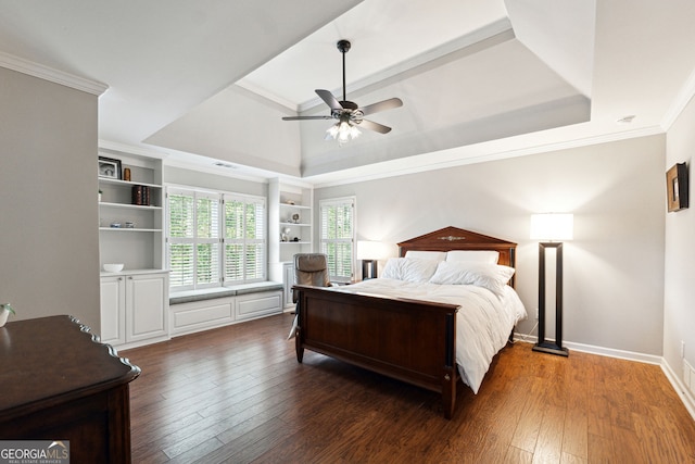 151 Overhill Pt, Alpharetta, GA 30005 - bedroom with crown molding, dark wood-type flooring, a raised ceiling, a ceiling fan, and baseboards