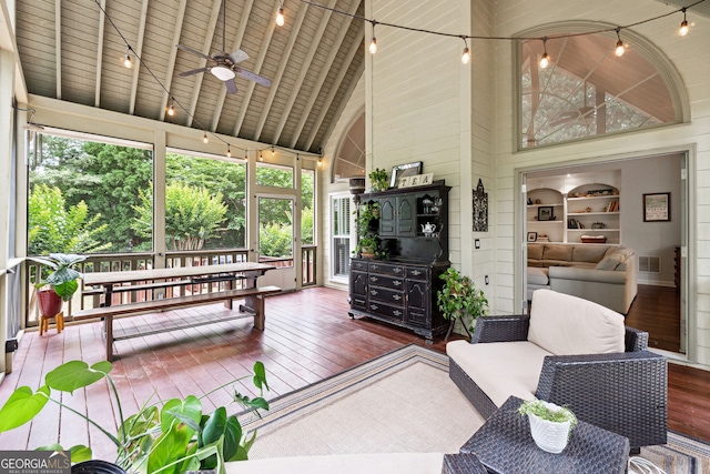 151 Overhill Pt, Alpharetta, GA 30005 - sunroom with hardwood / wood-style flooring, high vaulted ceiling, a ceiling fan, and wooden ceiling