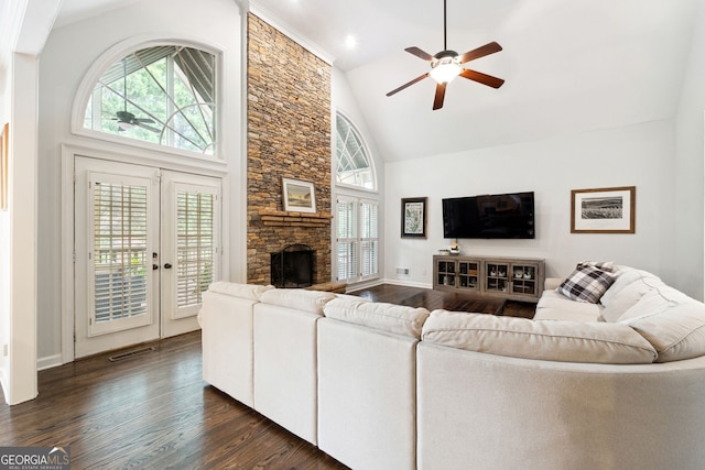 151 Overhill Pt, Alpharetta, GA 30005 - living room featuring healthy amount of natural light, high vaulted ceiling, dark wood finished floors, and a ceiling fan