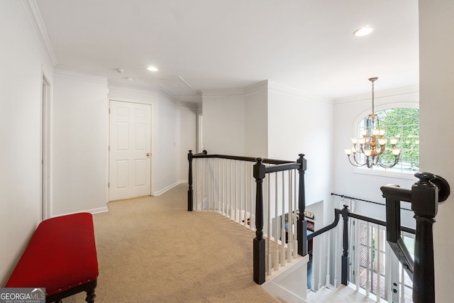 151 Overhill Pt, Alpharetta, GA 30005 - corridor with an upstairs landing, recessed lighting, carpet floors, a chandelier, and crown molding