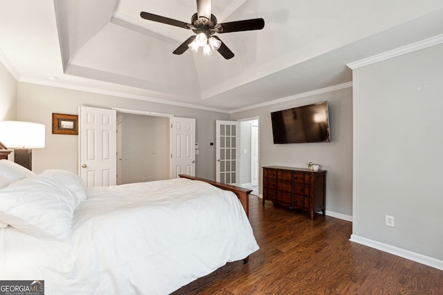 151 Overhill Pt, Alpharetta, GA 30005 - bedroom with wood finished floors, a tray ceiling, baseboards, ornamental molding, and ceiling fan