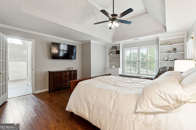 151 Overhill Pt, Alpharetta, GA 30005 - bedroom featuring dark wood finished floors, a tray ceiling, baseboards, ensuite bathroom, and a ceiling fan