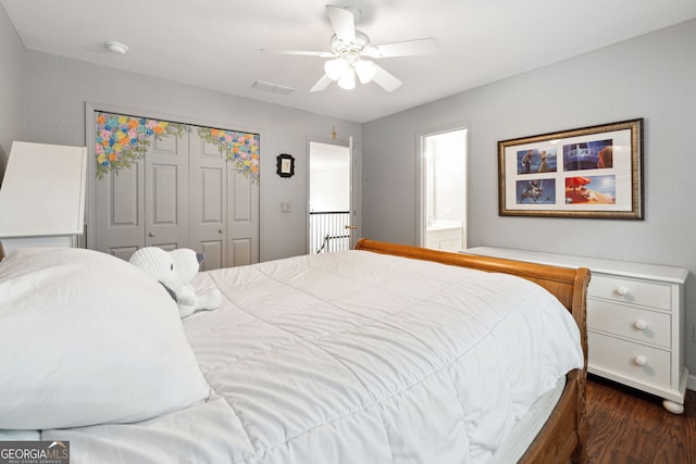 151 Overhill Pt, Alpharetta, GA 30005 - bedroom featuring dark wood-style flooring, a closet, and a ceiling fan
