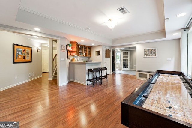 151 Overhill Pt, Alpharetta, GA 30005 - game room featuring crown molding, baseboards, wet bar, recessed lighting, and light wood-style floors