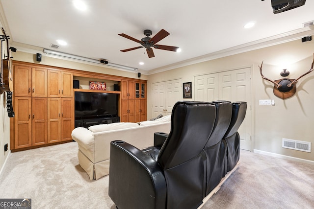151 Overhill Pt, Alpharetta, GA 30005 - cinema featuring ceiling fan, ornamental molding, light carpet, baseboards, and recessed lighting