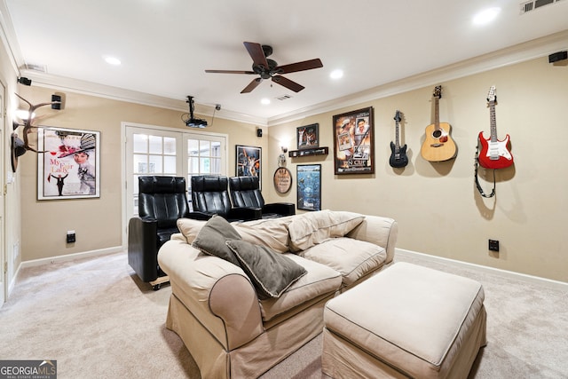 151 Overhill Pt, Alpharetta, GA 30005 - cinema with light colored carpet, a ceiling fan, crown molding, baseboards, and recessed lighting