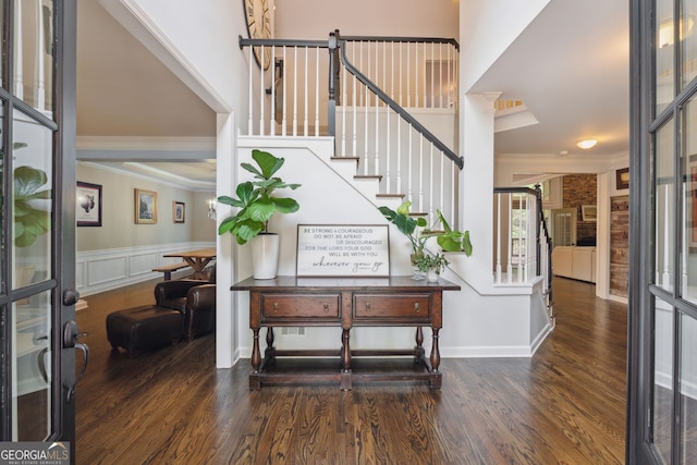 151 Overhill Pt, Alpharetta, GA 30005 - entryway with stairway, crown molding, wood finished floors, and wainscoting