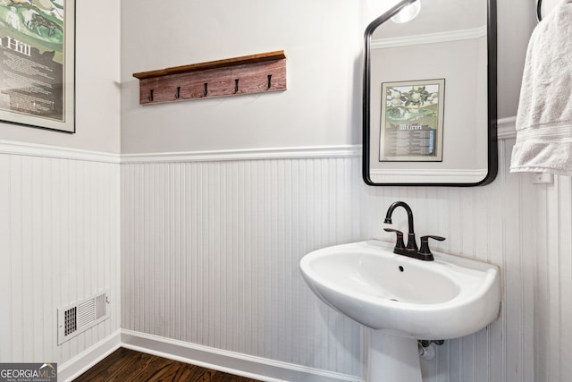 151 Overhill Pt, Alpharetta, GA 30005 - bathroom with wood finished floors, a wainscoted wall, ornamental molding, and a sink