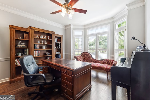 151 Overhill Pt, Alpharetta, GA 30005 - office space with ceiling fan, dark wood-style floors, crown molding, and baseboards
