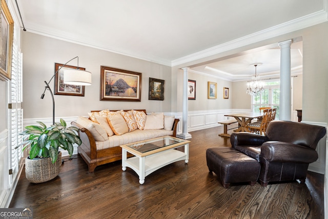 151 Overhill Pt, Alpharetta, GA 30005 - living area featuring ornate columns, a chandelier, dark wood-style flooring, crown molding, and wainscoting