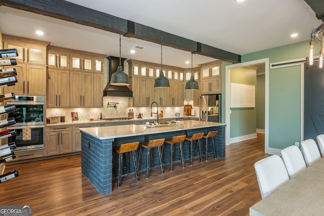209 Voyles Way, Dawsonville, GA 30534 - kitchen with stainless steel appliances, custom exhaust hood, beamed ceiling, light countertops, and decorative backsplash