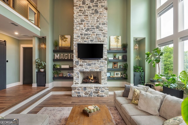 209 Voyles Way, Dawsonville, GA 30534 - living room with a towering ceiling, wood finished floors, a stone fireplace, a barn door, and baseboards